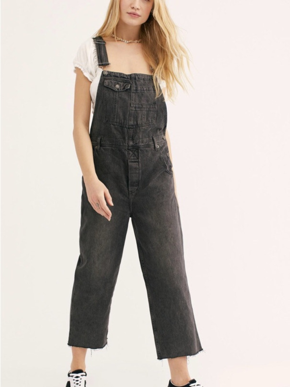 Free People Washed Black Denim Overalls wide leg